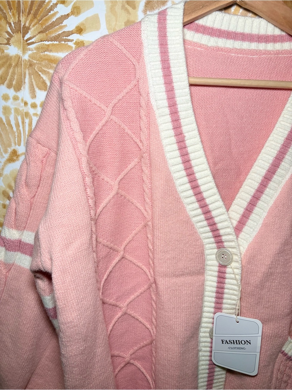 NWT Pink Cable Knit Varsity Cardigan | Oversized Preppy Cottagecore Sweater - Picture 3 of 10